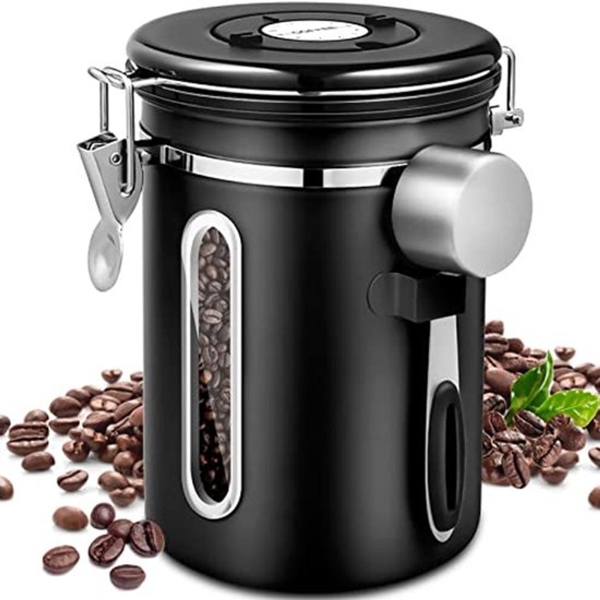 Airtight Stainless Steel Coffee Tin - 1.8L Coffee Bean Container with Vacuum Seal and Spoon