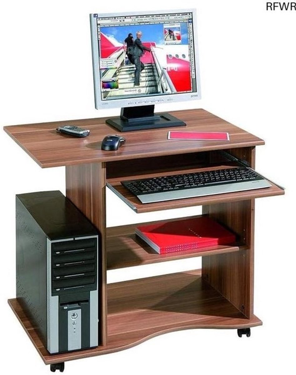 RFWR® Computertafel met toetsenbordlade en wielen - Luxe werkplek in walnoot imitatie