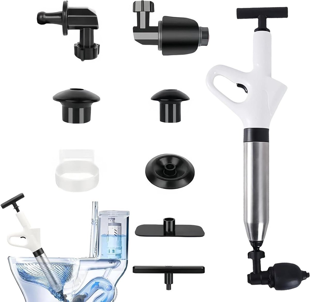 Afvoerreiniger Pomp - Riool Ontstopper - Verstopping Verhelpen - Met Luchtdrukweergave - 4 Adapters - Wit