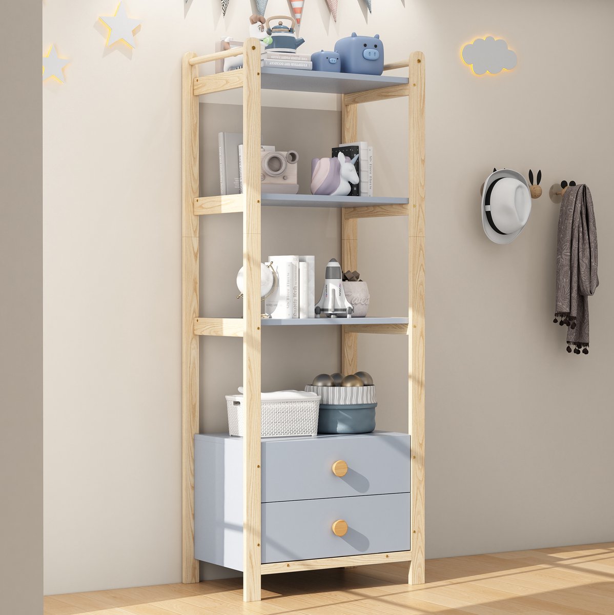 REDOM - Boekenkast - 4 niveaus met 2 lades - Open opbergkast voor zichtbare en verborgen opbergruimte - Scandinavische stijl - Woonkamer slaapkamer en boekenkamer - Dennenhout en MDF - Blauw en naturel hout - 70 x 44 x 180 cm