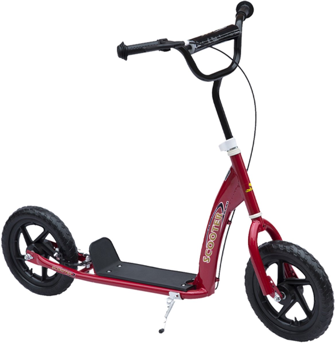 TEKROA® Step voor kinderen - met 12-inch EVA-banden en achterrem – step met grote wielen - voor 5-12 jaar – rood