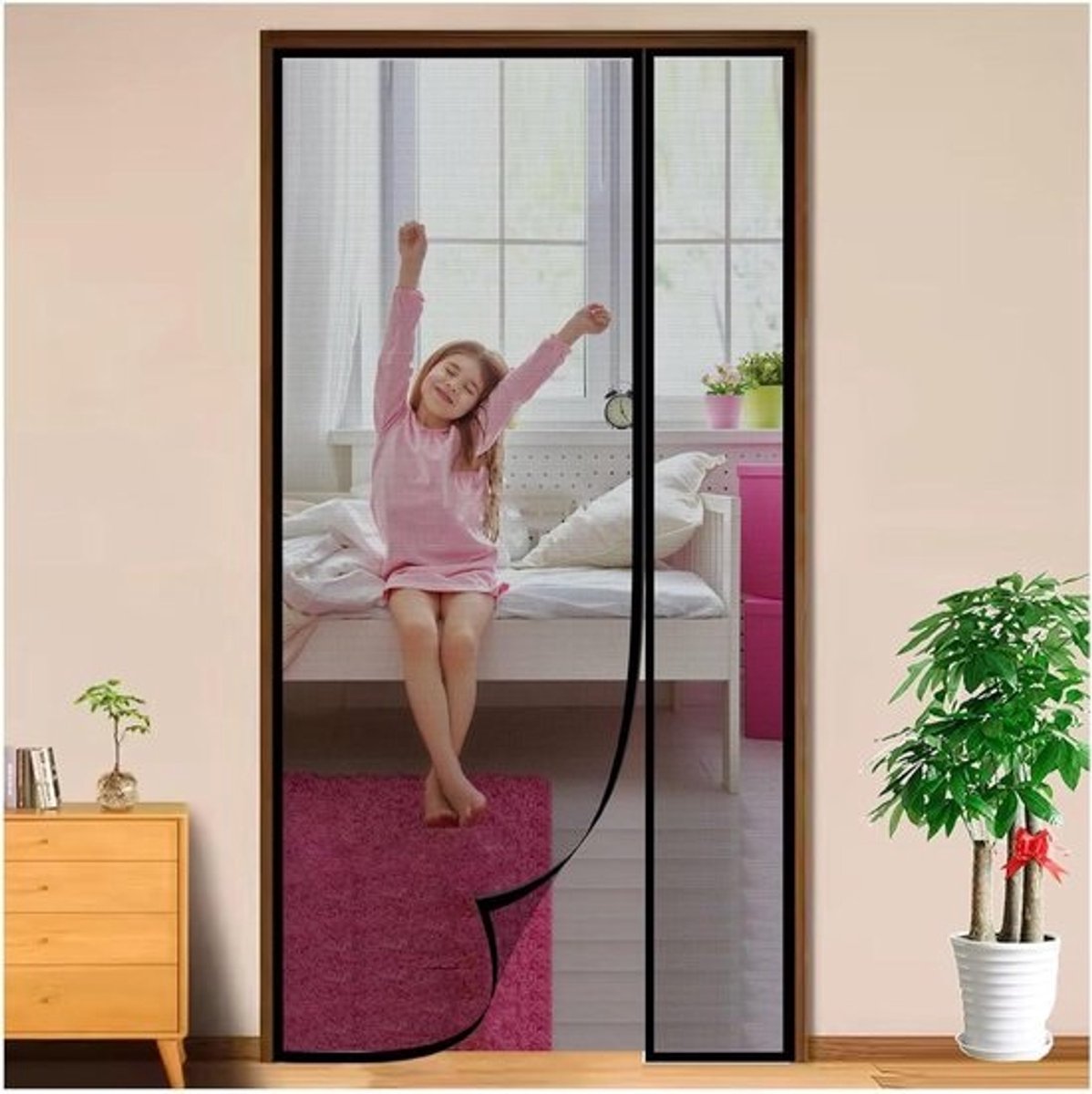 Magnetische hordeur - Vliegenhor deur - Insecten buiten houden - Zijwaarts openend design - 175x210cm - Zwart