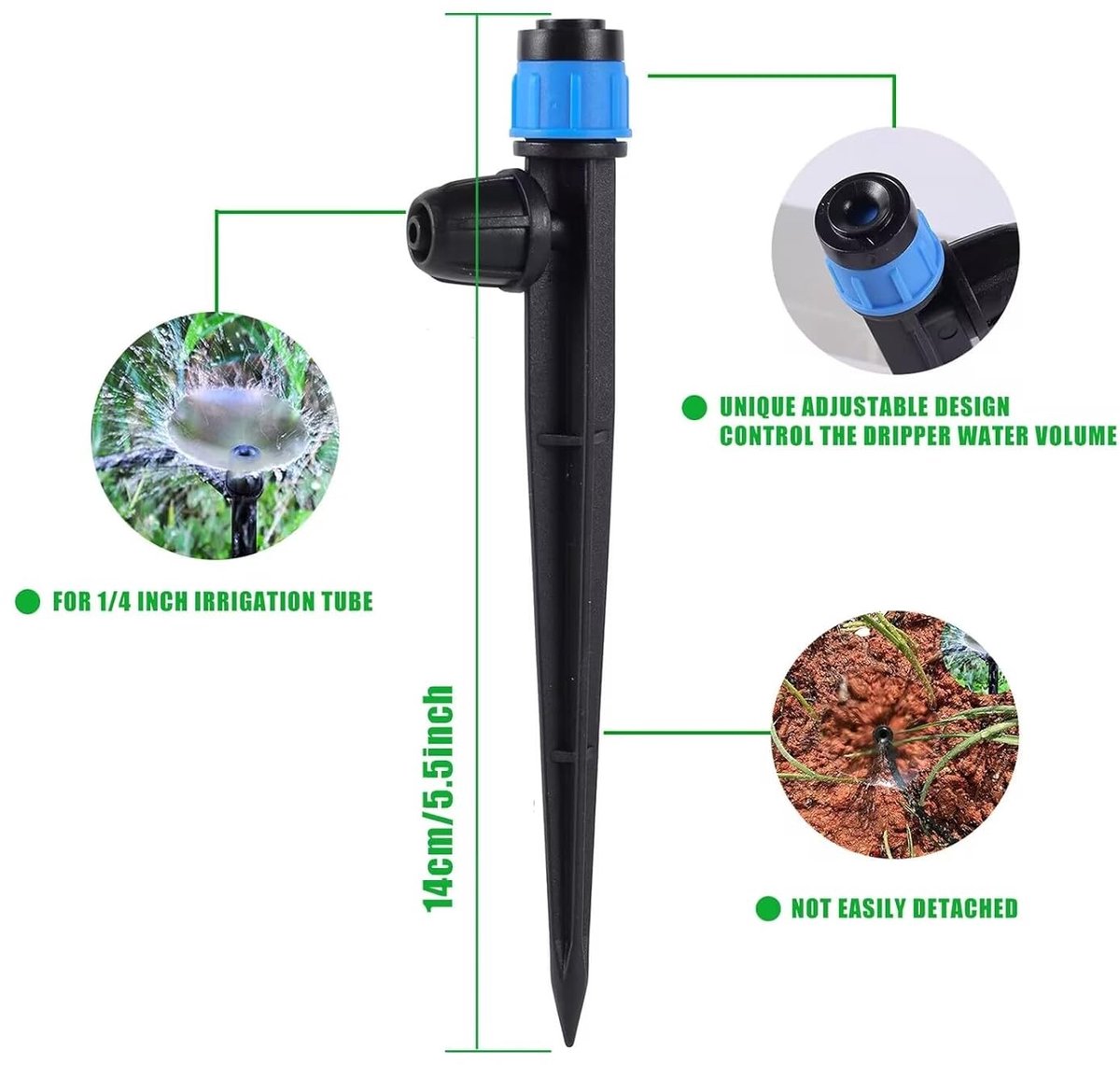 Verstelbare 360 Graden Drip Irrigation Meter voor Tuinbesproeiing met 1/4 Inch Slangen, Ideaal voor Efficiënte Watergift en Tuinonderhoud (50 Stuks, Blauw)