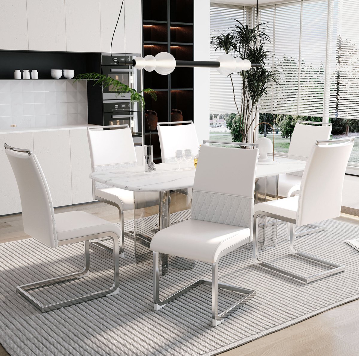 Wishdor Eetkamerstoel - 6-delige set - Hoge rugleuning en gestoffeerde zitting - Modern design - Woonkamer eetkamer keuken kantoor - Metaal en kunstleer - Wit - 42 x 48 x 95 cm