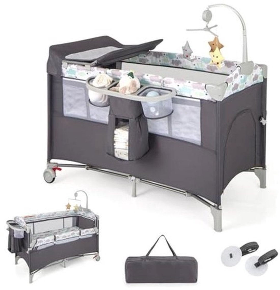 5-in-1 Opvouwbaar Cododo Babybed met Matras en Luiertafel - Multifunctioneel Reisbureau voor Kinderen 0-36 Maanden
