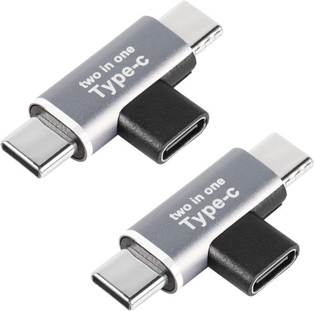 2-in-1 USB-C Power Splitter Adapter – T-Type 1 Vrouwelijk naar 2 Mannelijk, Aluminium Behuizing, 3A Max, 2 stuks