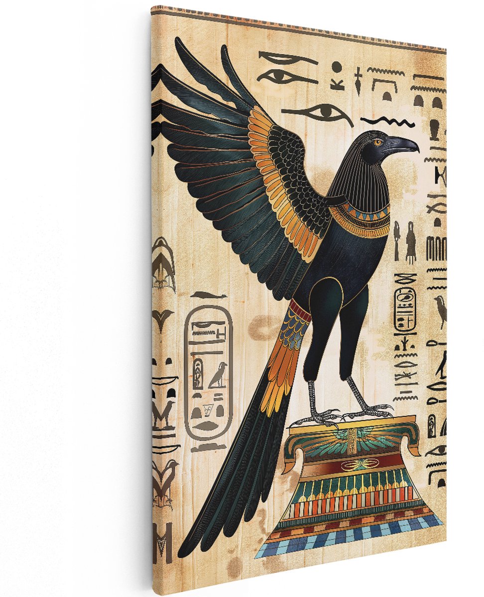 Artaza Canvas Schilderij Egyptische God Thoth - 120x180 cm - Groot - Wanddecoratie Ibis Vogel - Muurdecoratie Papyrus - Decoratie Hiëroglyfen