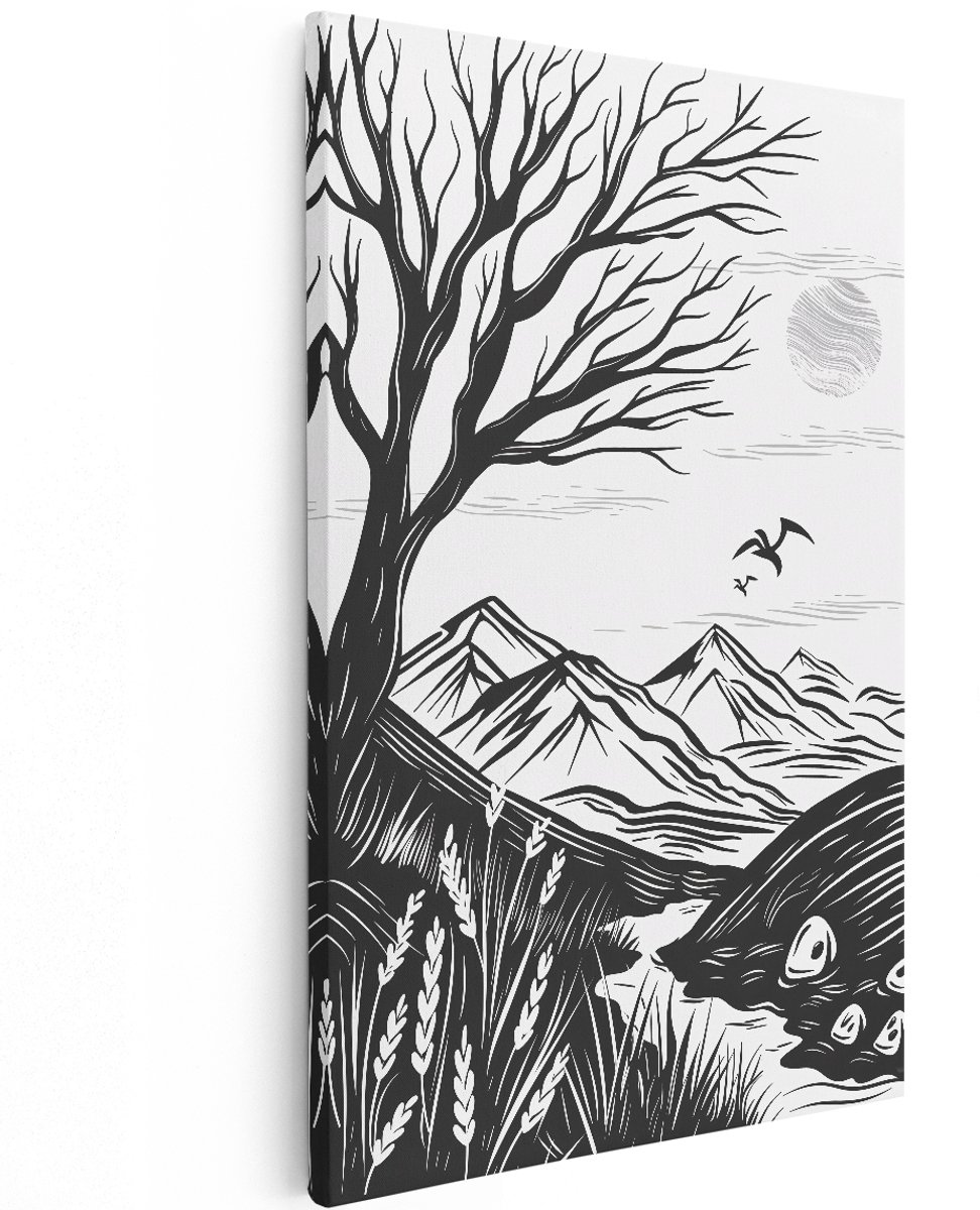 Artaza Canvas Schilderij Landschap - 120x180 cm - Groot - Wanddecoratie Bergen - Muurdecoratie Zwart Wit - Decoratie Boom - Schilderijen Op Canvas