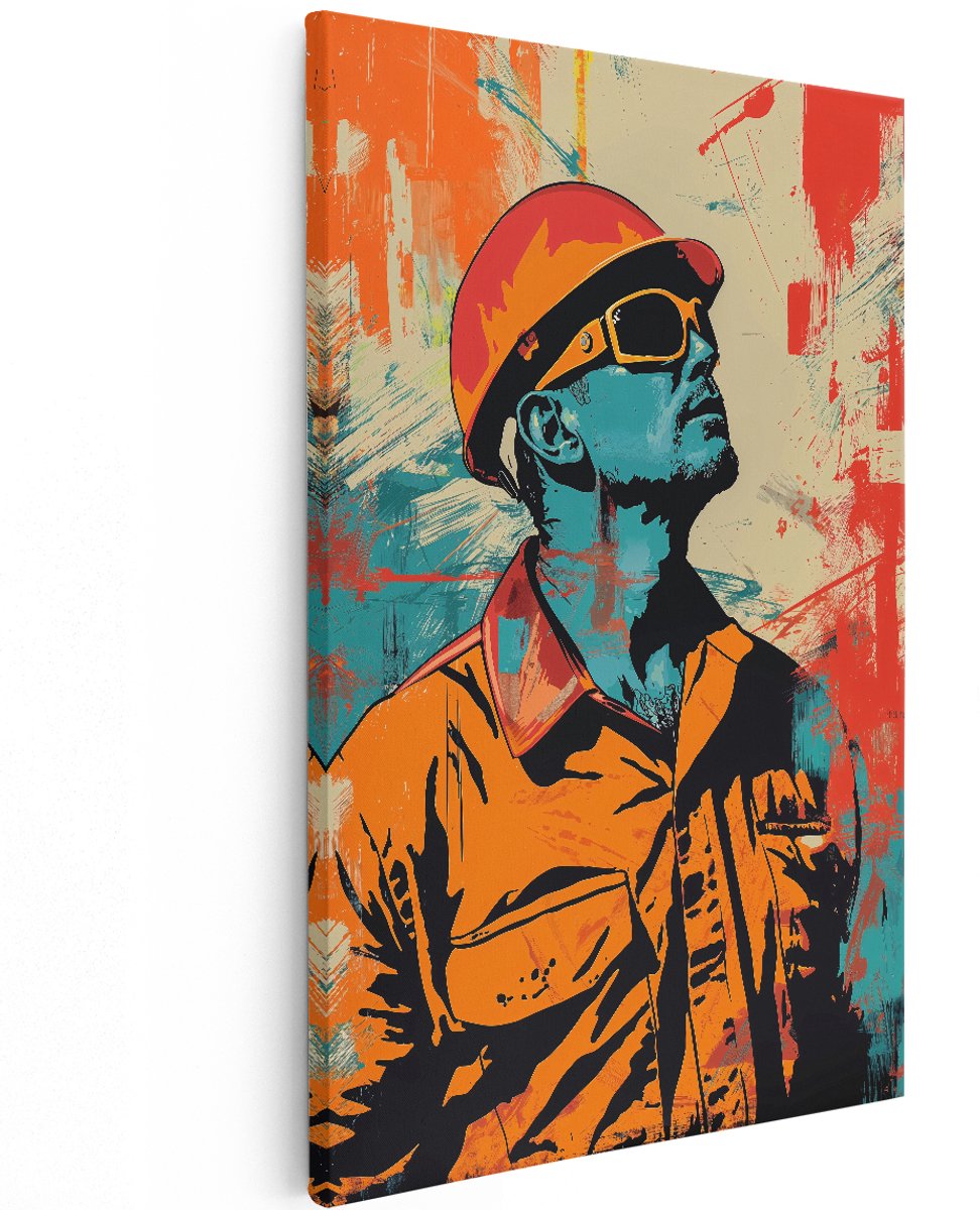 Artaza Canvas Schilderij Bouwvakker - 120x180 cm - Groot - Wanddecoratie Industrieel - Muurdecoratie Popart - Decoratie Man Oranje