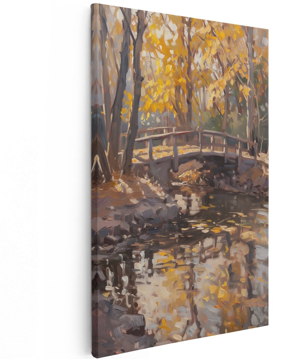 Artaza Canvas Schilderij Herfst Landschap - 120x180 cm - Groot - Wanddecoratie Brug Over Kreek - Muurdecoratie Bos - Decoratie Natuur Woonkamer