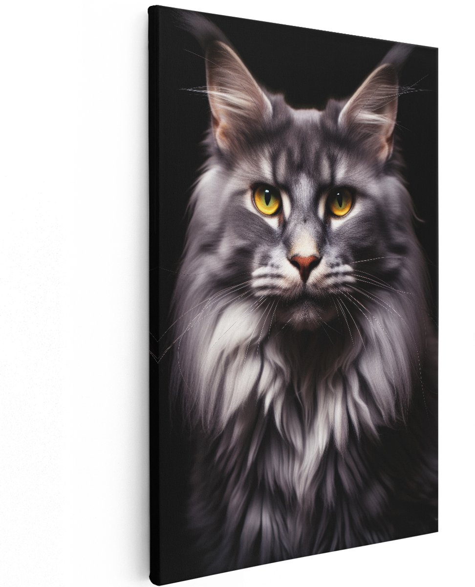 Artaza Canvas Schilderij Maine Coon Kat - 120x180 cm - Groot - Wanddecoratie Dieren - Muurdecoratie Zwart - Decoratie Katten Schilderij - Grijs