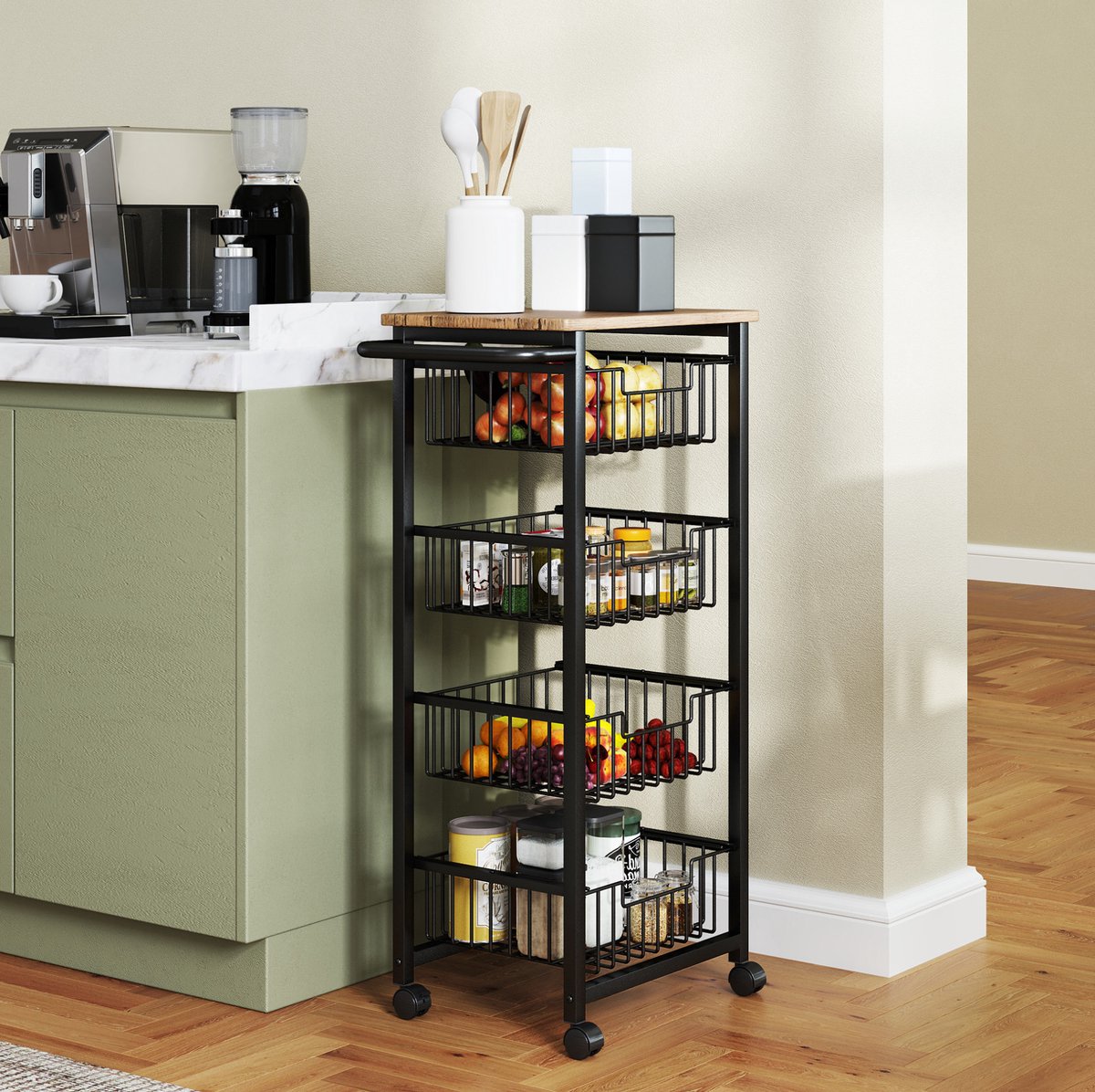 STILVORA Keukentrolley – 49,5 x 31 x 91 cm – Met 4 Uittrekbare Manden – Staal En MDF – Eikenkleur – Met Wielen Voor Keuken En Kantoor