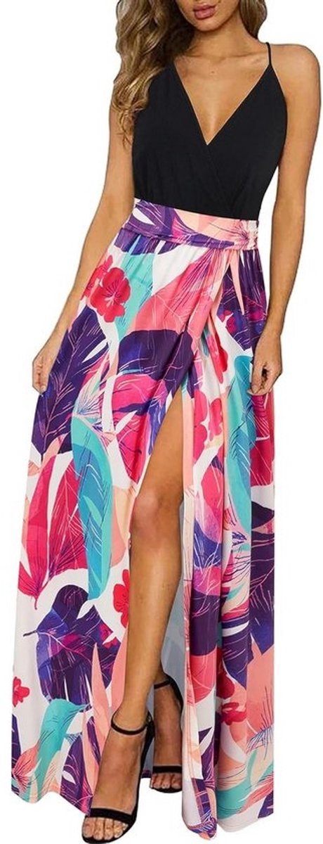 Zomerjurk Dames V-hals Korte Mouw Casual Boho Maxi Jurk