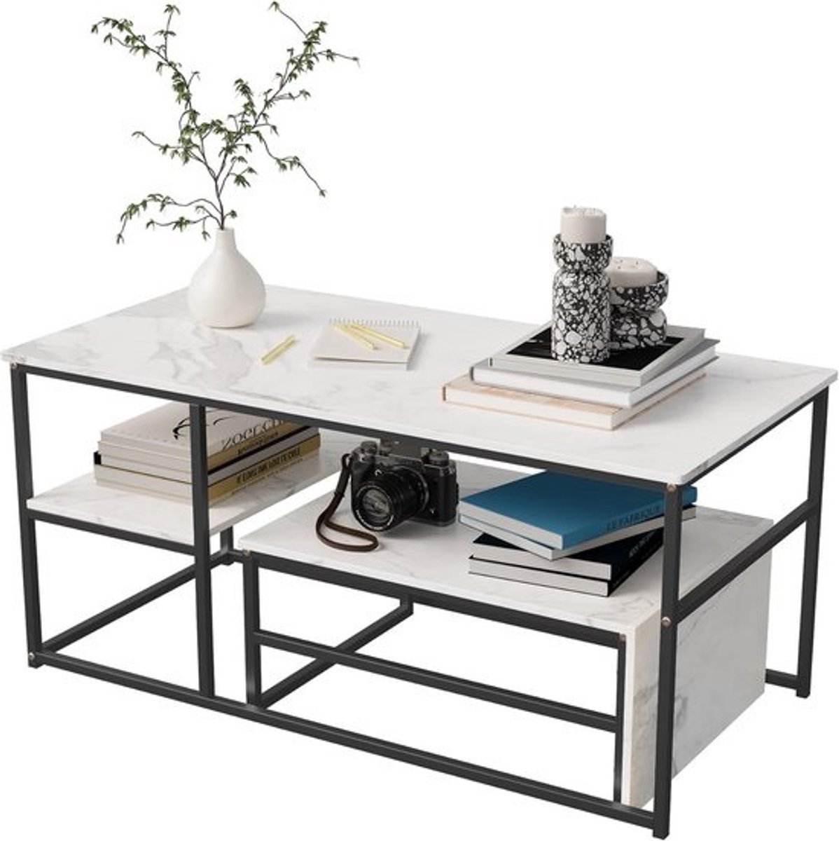 Set van 2 Salontafels Woonkamer - Modern Design Bijzettafels Nestbaar Zwart & Wit