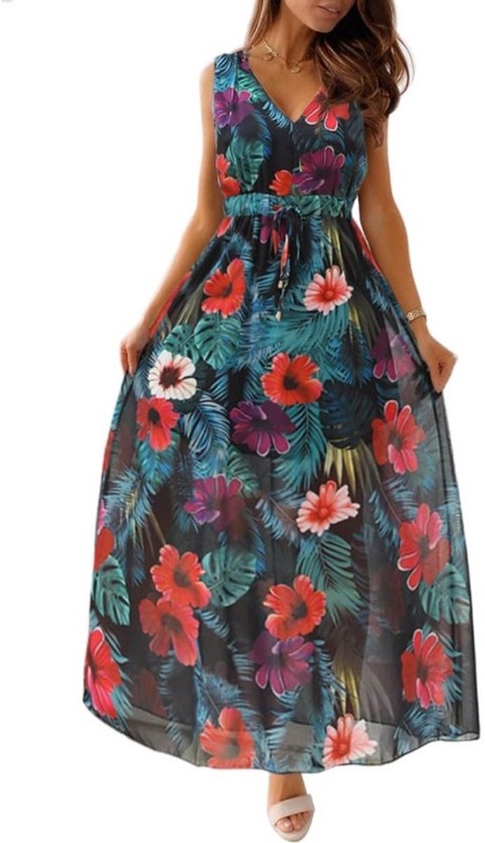 Lange Zomer Maxi Jurk Dames V-hals Bloemen Mouwloos Strand Jurk