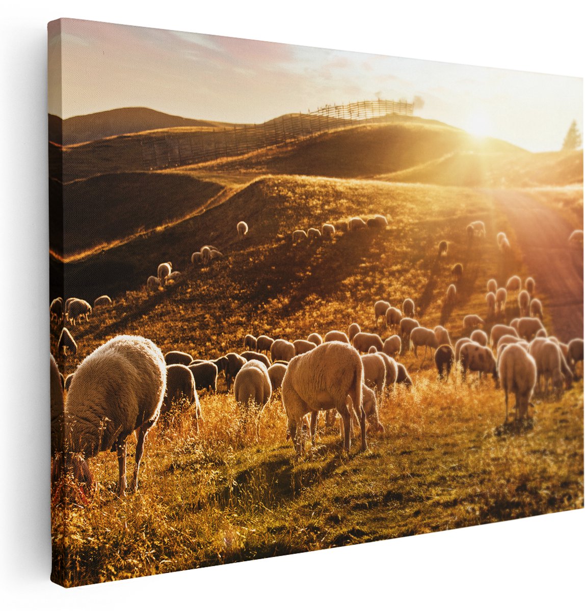Artaza Canvas Schilderij Schapen in de Heuvels bij Zonsondergang - 160x120 cm - Groot - Wanddecoratie Woonkamer - Schilderijen - Muurdecoratie