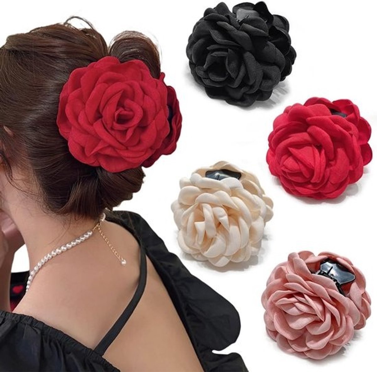 Set van 4 Grote Haarspeldjes met Stoffen Roos - Elegante Bloem Haarclips voor Dames