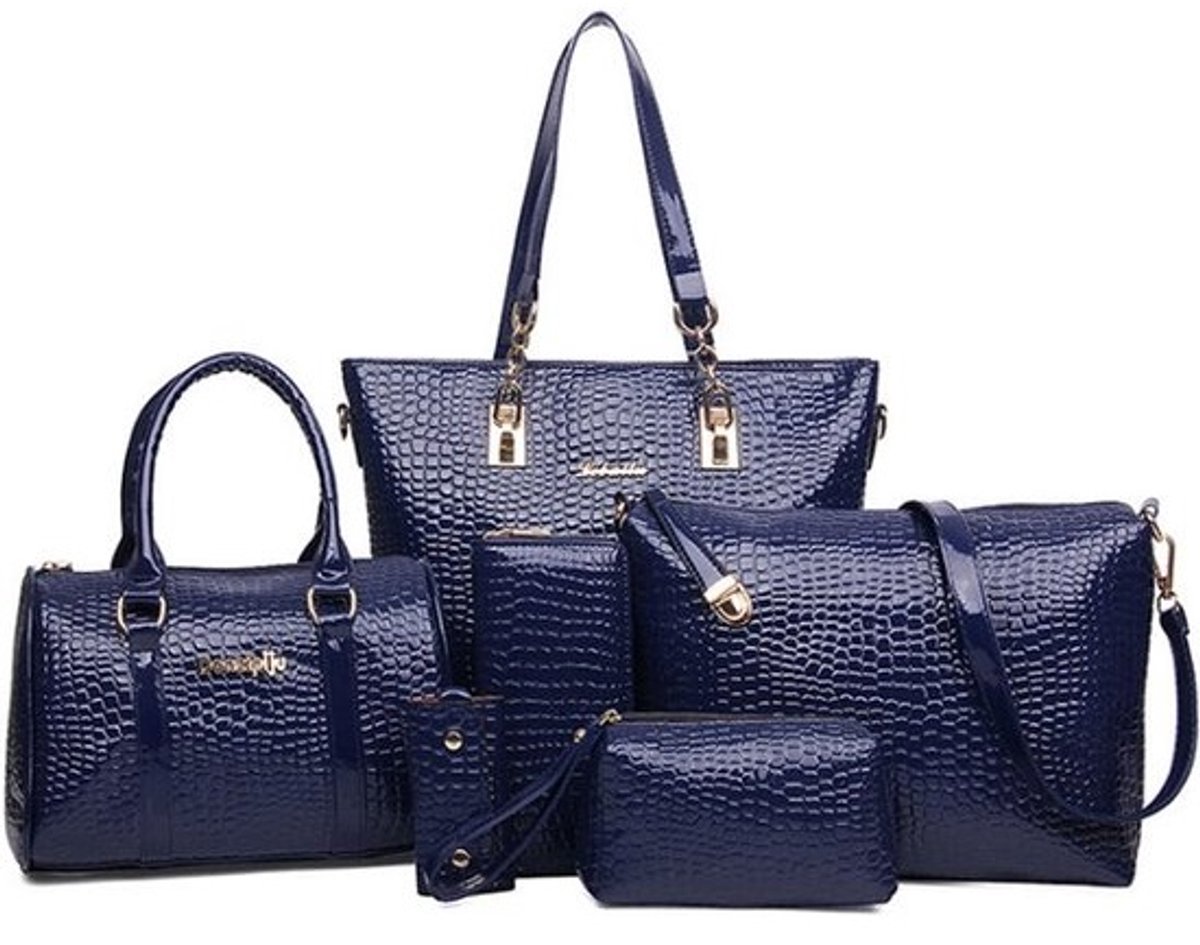 Dames 6-delig handbagset: grote tas, handtas, schoudertas, clutch, kleine tas en sleutelhanger
