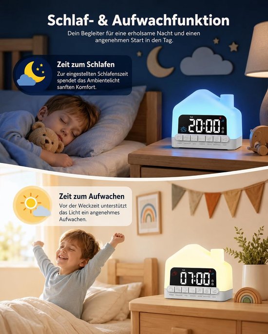 Kinderwekker Slaaptrainer - Nachtlampje Kinderkamer - Avondroutine Helpen - Zon Maan Symbool - USB-C - Wit — afbeelding 5
