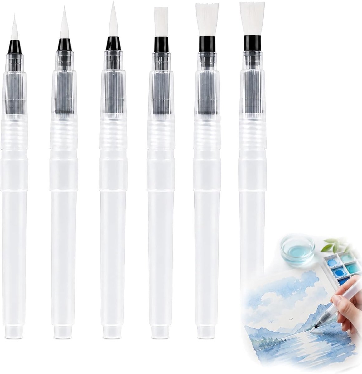 Set van 6 navulbare waterpenselen met fijne en platte punt, ideaal voor aquarel, acryl en gouache schilderen, perfect voor kunstenaars en beginners