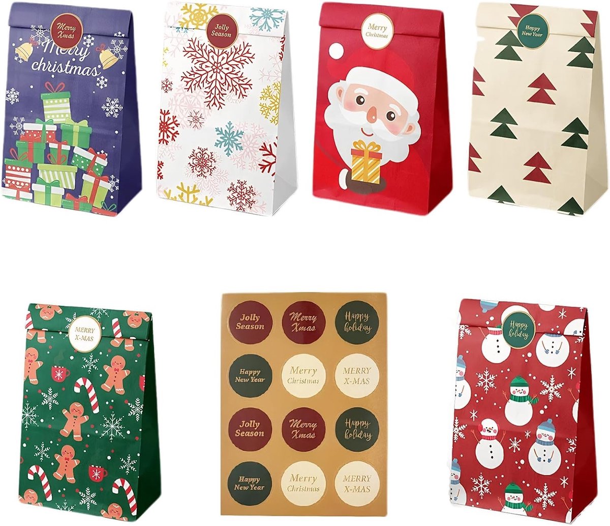 Kerst cadeauzakjes van kraftpapier met 12 stickers, perfect voor geschenken, snoep en kerstdecoratie