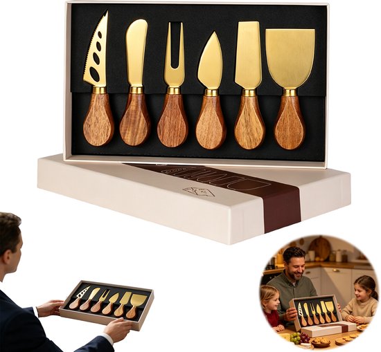 Gouden kaasmesjes met houten handvatten in een geschenkdoos, met kleinere afbeeldingen van de set in gebruik.