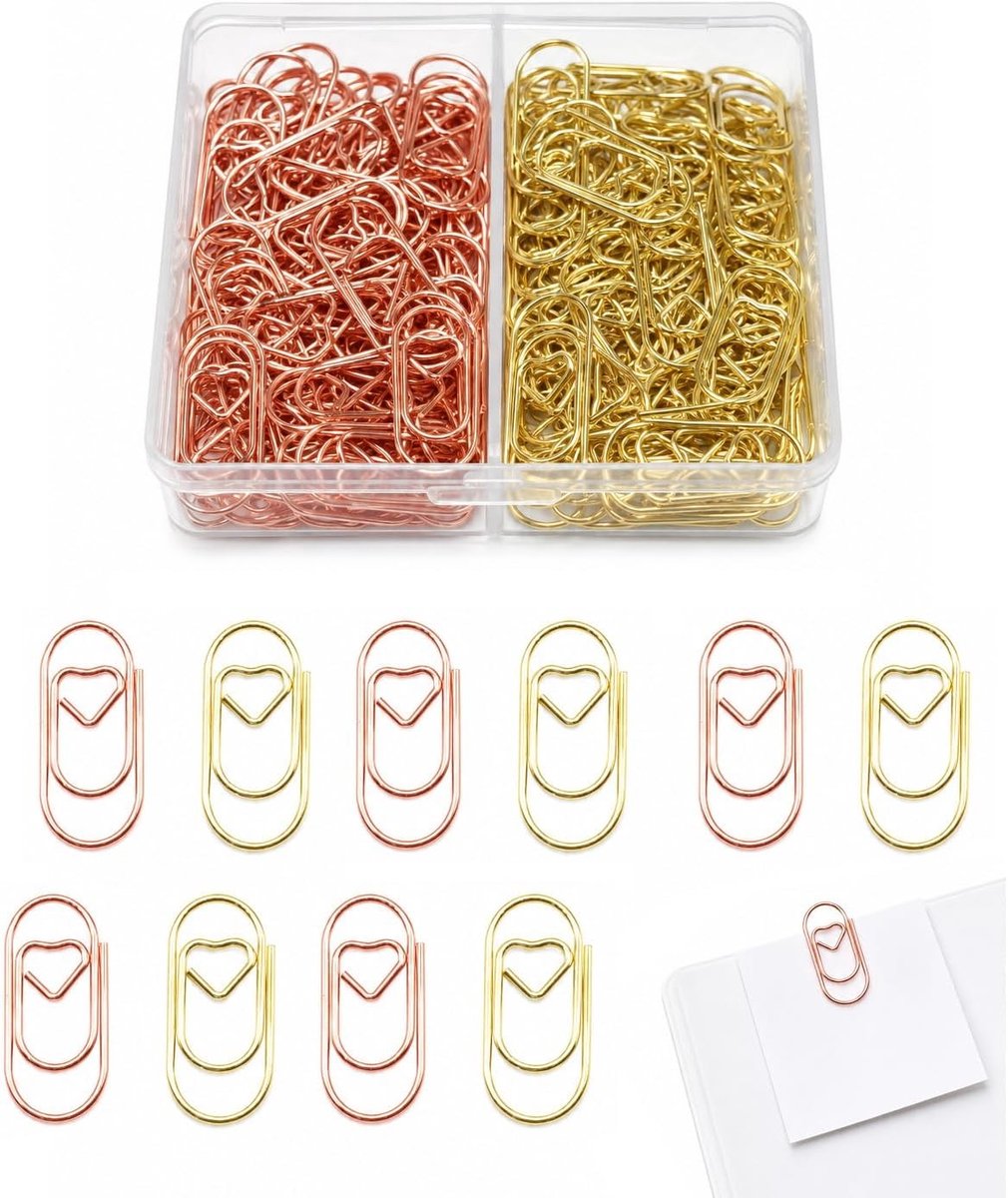 Elegante hartvormige paperclips in goud en roségoud, creatieve schrijfwarenaccessoires voor bruiloften, uitnodigingen en kaarten, 100 stuks