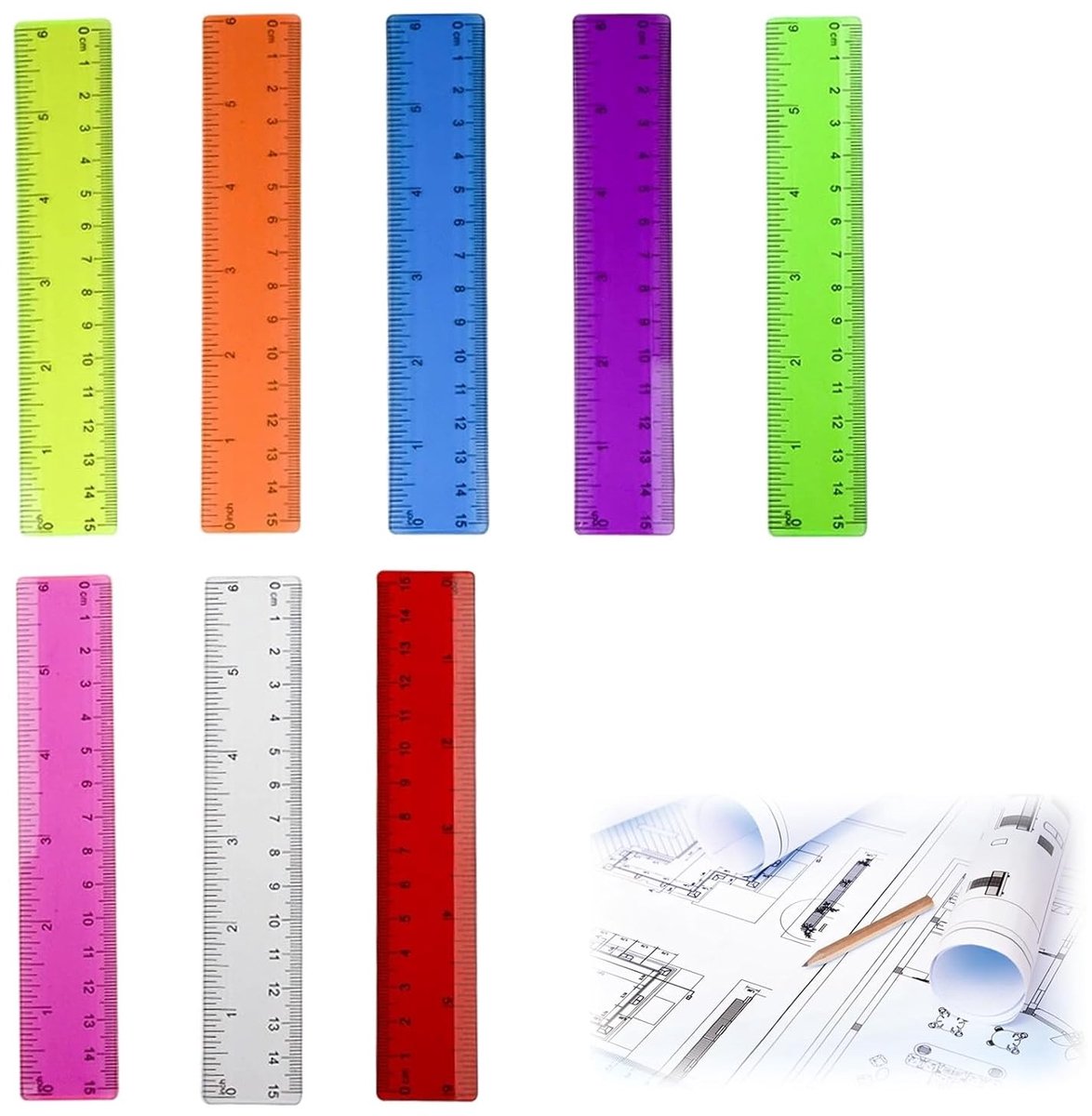Set van 8 kleurrijke transparante linialen van 15 cm voor basisschoolkinderen en knutselprojecten