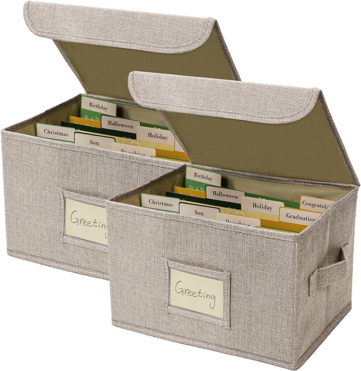 Greeting Card Organiser Opbergdoos met 40 Verwijderbare Scheidingswanden en 168 Zelfklevende Labels, Ideaal voor Foto's, Enveloppen en Scrapbooking, 2 Stuks, Beige
