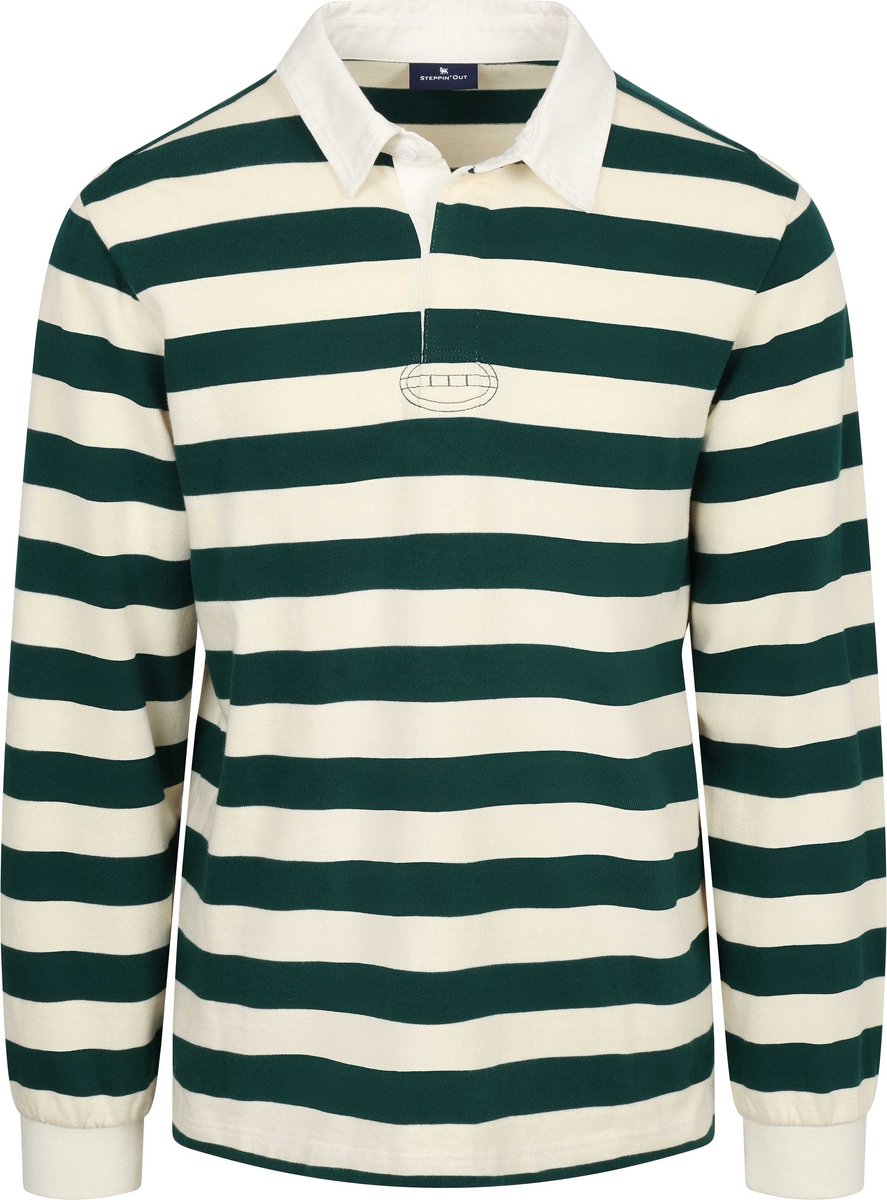 Steppin' Out Rugby Polo Streep Groen Ecru - Maat L - Heren - Longsleeve polo