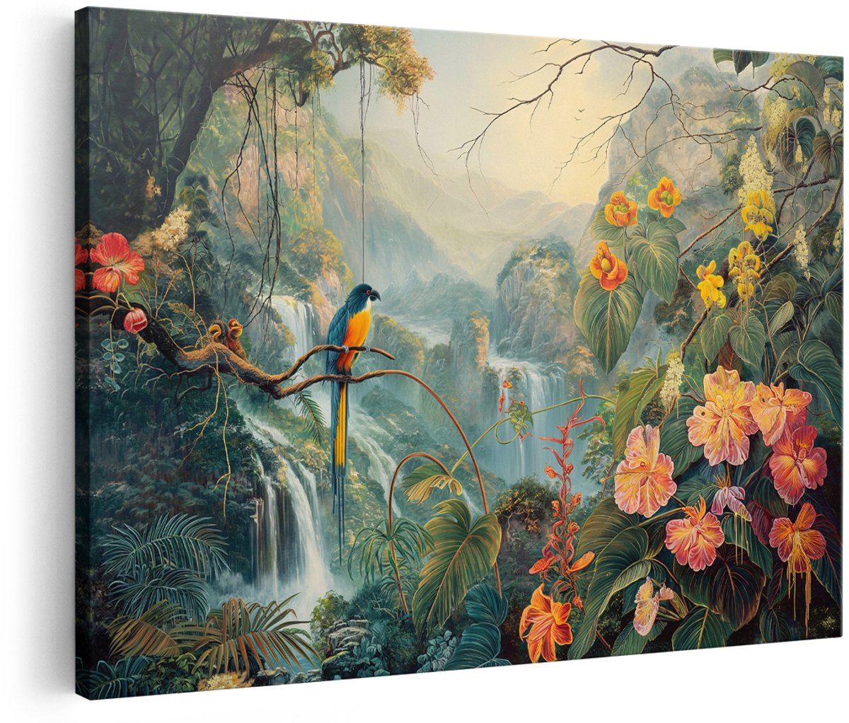 Artaza Canvas Schilderij Tropisch Landschap - 180x120 cm - Groot - Wanddecoratie Jungle Waterval - Muurdecoratie Ara Vogel - Decoratie Exotische Bloemen