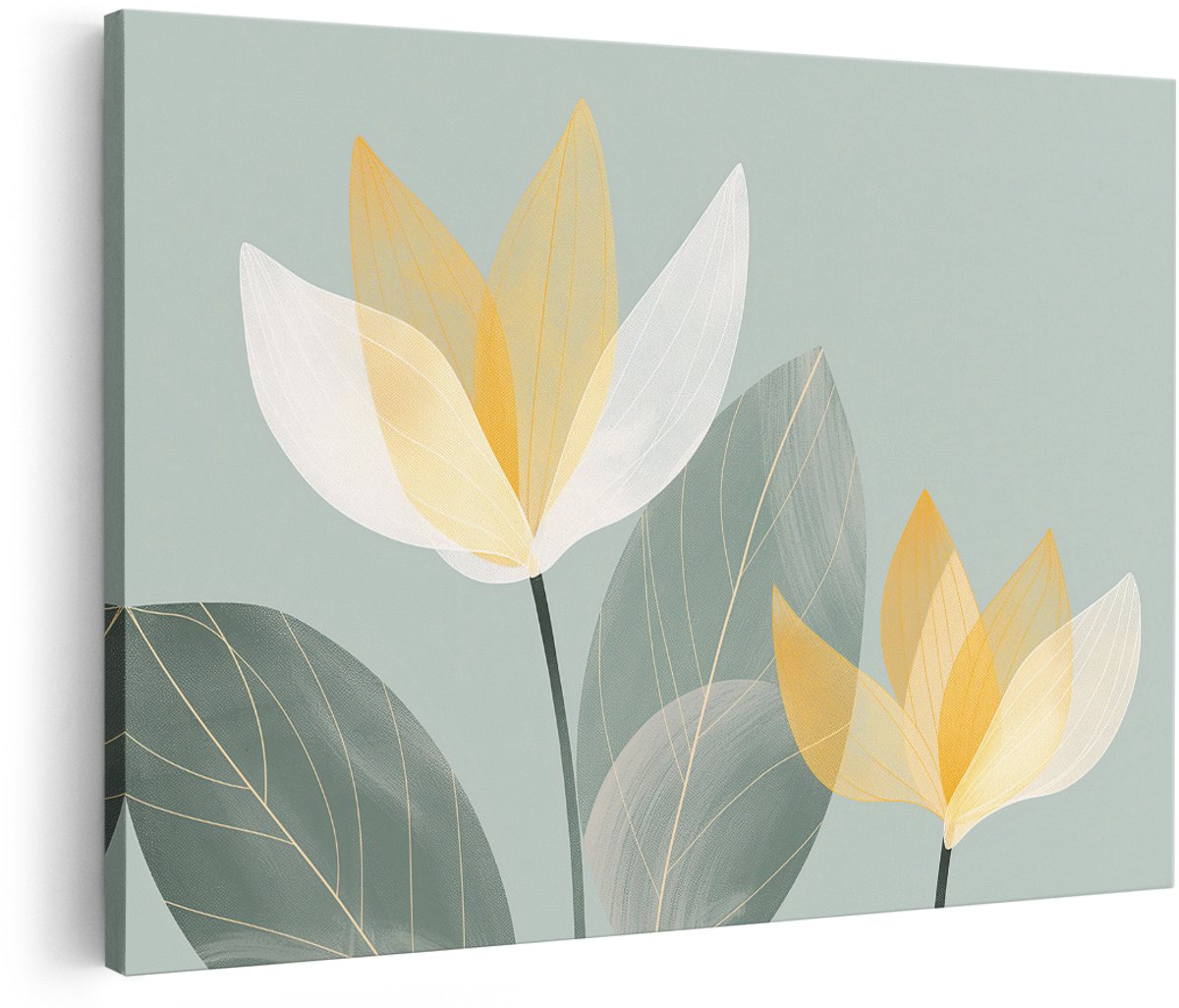 Artaza Canvas Schilderij Bloemen Abstract - 180x120 cm - Groot - Wanddecoratie Japandi - Muurdecoratie Bloem - Decoratie Woonkamer - Groen