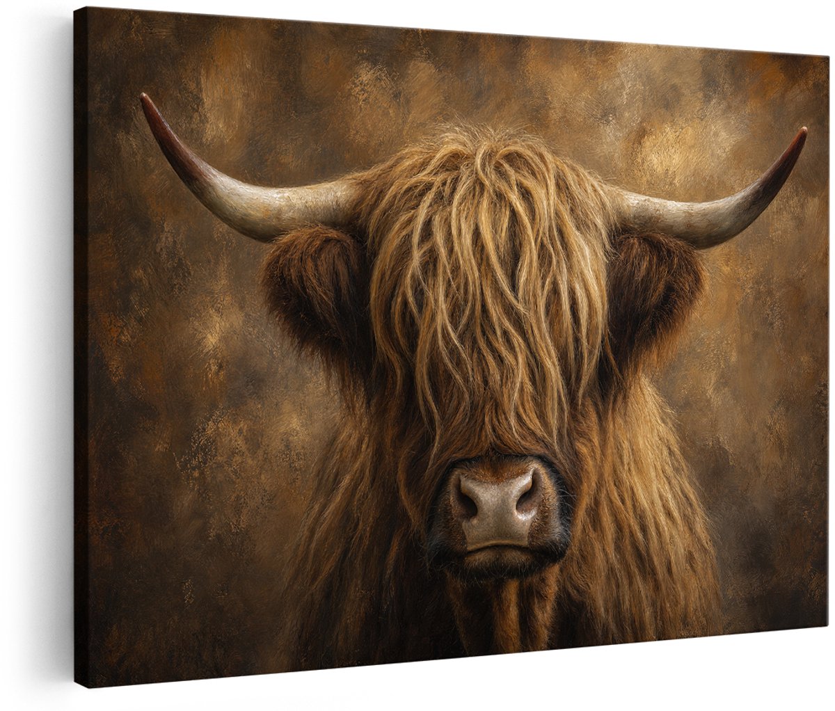 Artaza Canvas Schilderij Schotse Hooglander - Bruin Portret Tegen Een Warme Achtergrond - 180x120 cm - Groot - Wanddecoratie Woonkamer - Schilderijen - Muurdecoratie