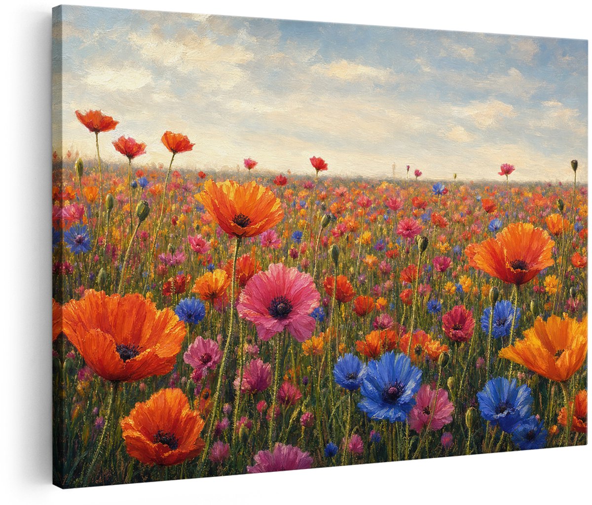 Artaza Canvas Schilderij Klaprozen In Een Kleurrijk Bloemenveld - 180x120 cm - Groot - Wanddecoratie Woonkamer - Schilderijen - Muurdecoratie