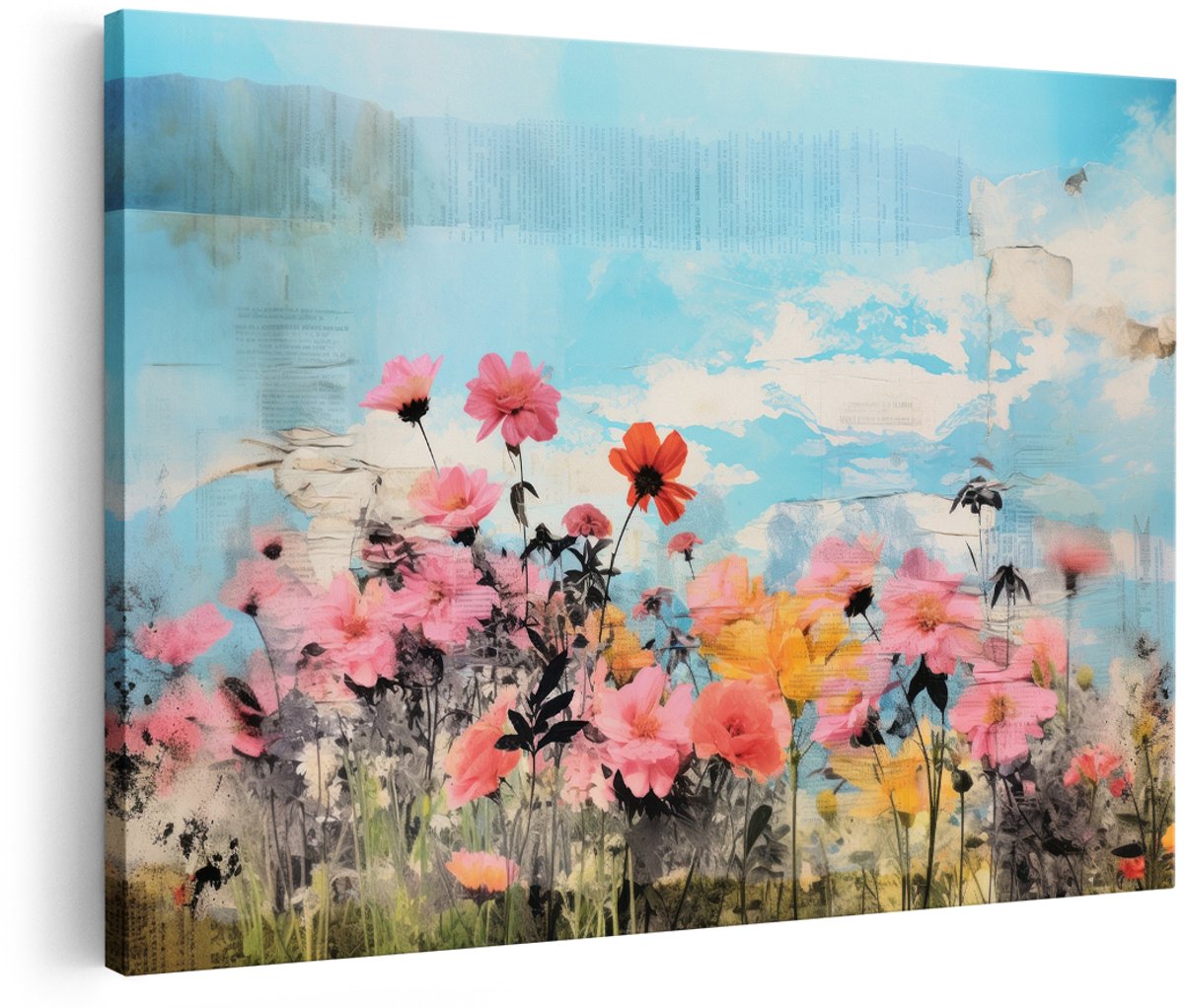 Artaza Canvas Schilderij Bloemen - 180x120 cm - Groot - Wanddecoratie Abstract - Muurdecoratie Bloemenweide - Decoratie Natuur - Roze