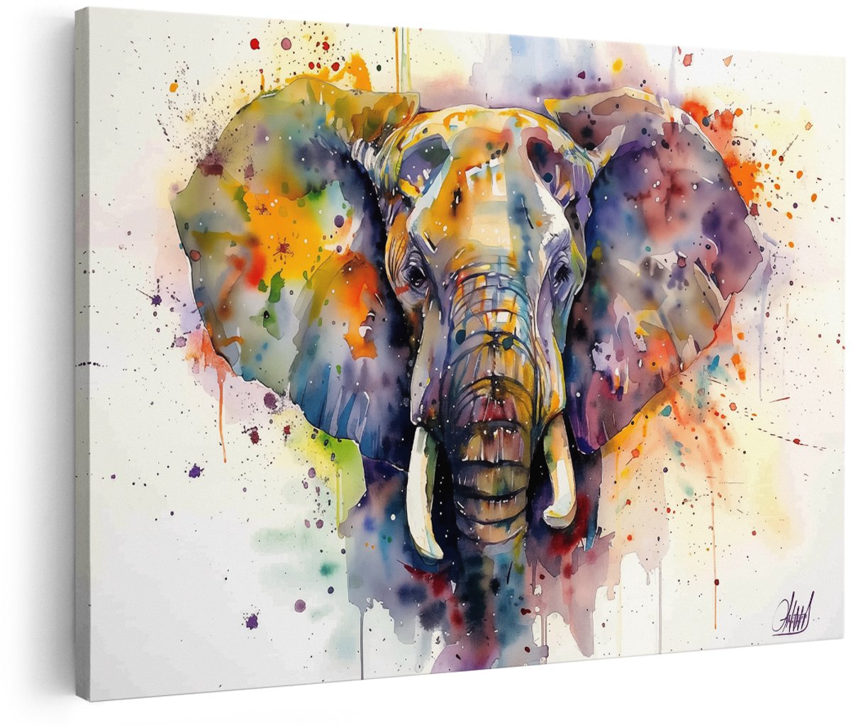 Artaza Canvas Schilderij Olifant met Kleurrijke Verfspatten - Dieren - 180x120 cm - Groot - Wanddecoratie Woonkamer - Schilderijen - Muurdecoratie