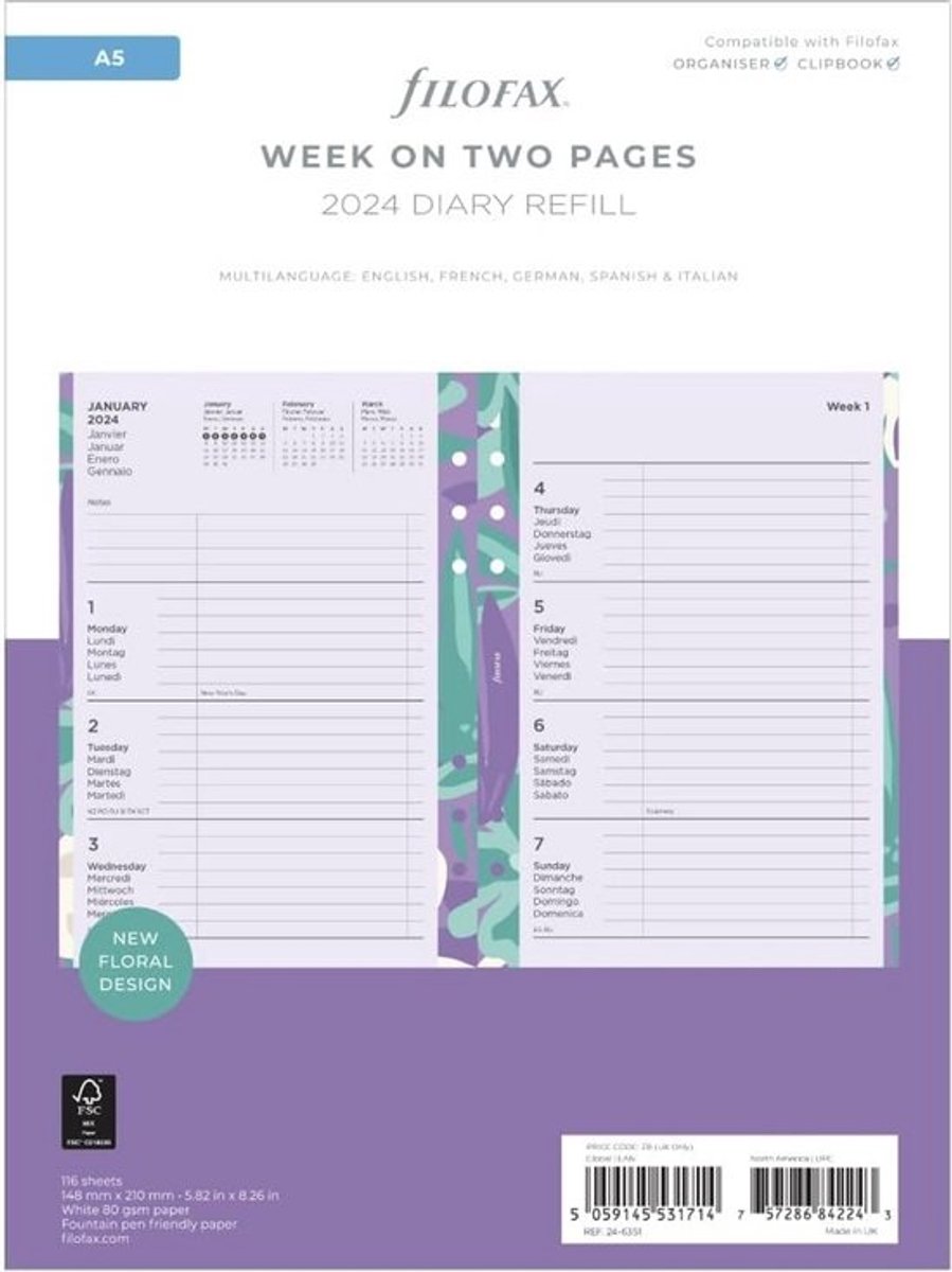 A5 Agenda 2024 Planner Vulling Week op 2 Pagina's met Bloemenprint en Scheidingsbladen