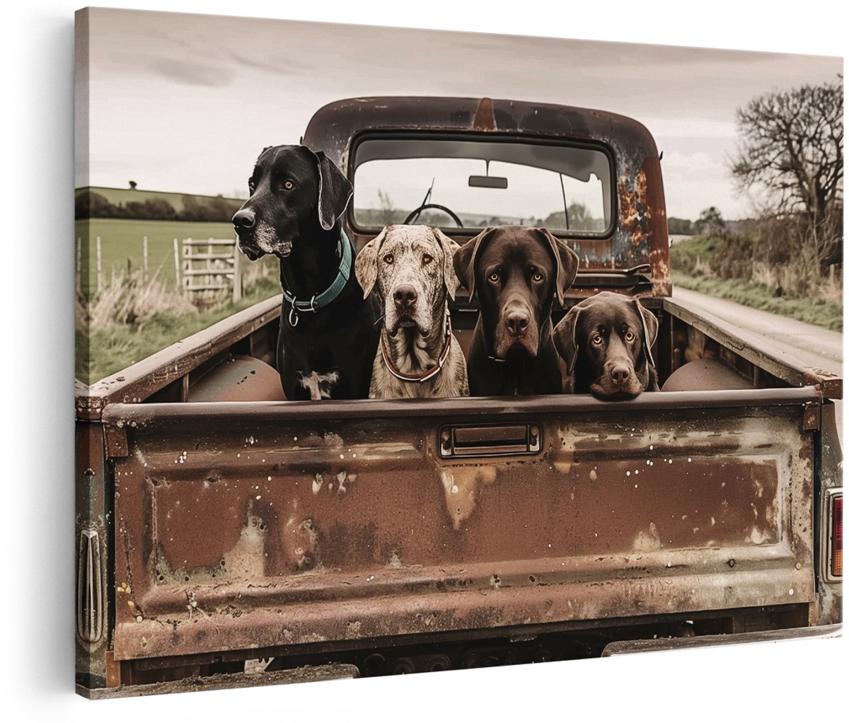 Artaza Canvas Schilderij Drie Honden Achterin een Vrachtwagen - Dieren - 180x120 cm - Groot - Wanddecoratie Woonkamer - Schilderijen - Muurdecoratie
