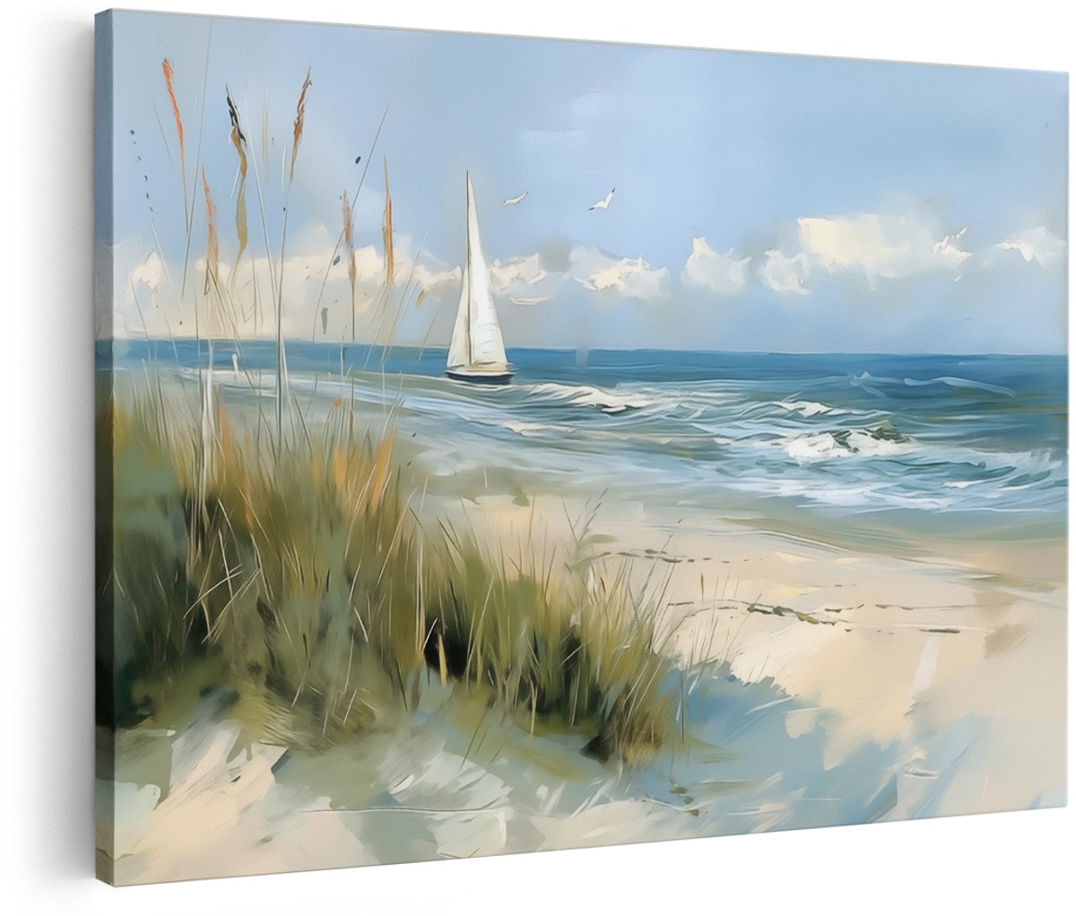 Artaza Canvas Schilderij Kunstwerk van een Zeilboot op het Strand - Landschap - 180x120 cm - Groot - Wanddecoratie Woonkamer - Schilderijen - Muurdecoratie