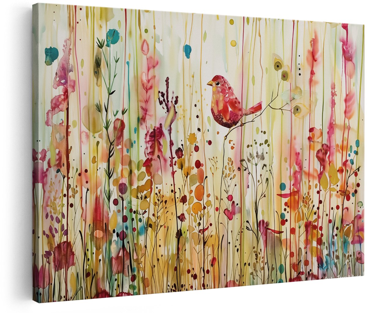 Artaza Canvas Schilderij Aquarelkunstwerk van een Vogel op een Tak - Dieren - 180x120 cm - Groot - Wanddecoratie Woonkamer - Schilderijen - Muurdecoratie