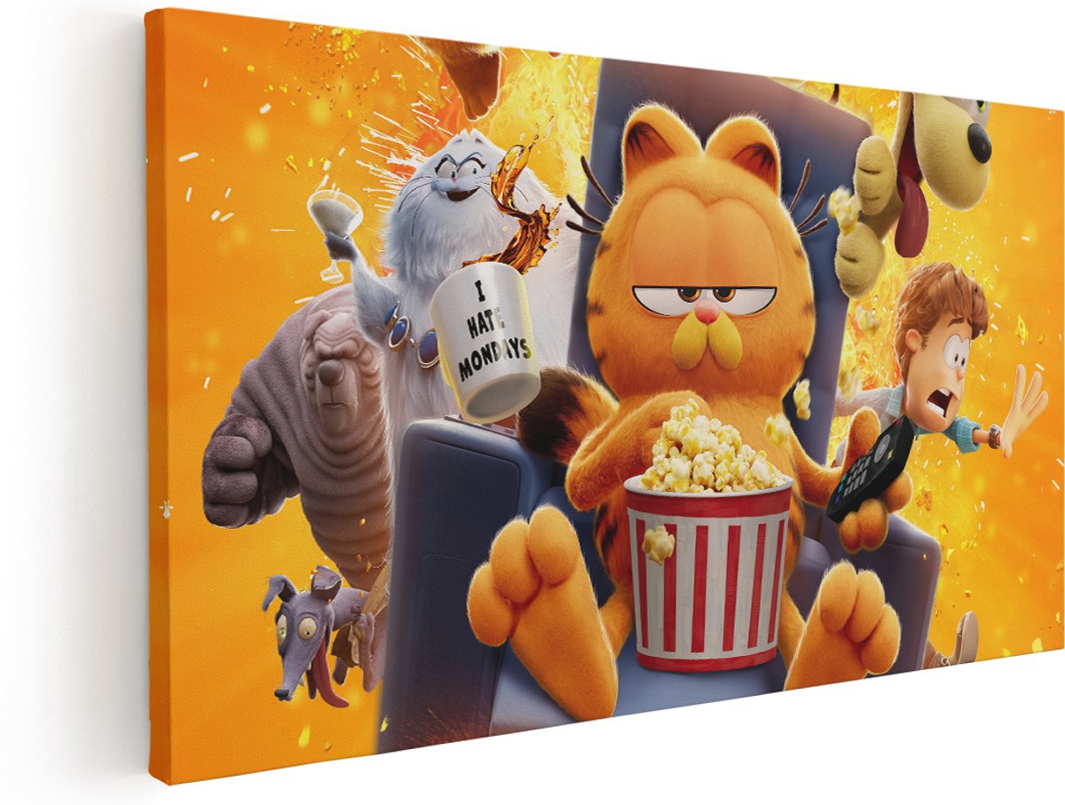 Artaza Canvas Schilderij Kat Garfield - 180x90 cm - Groot - Wanddecoratie Jongenskamer - Muurdecoratie Film - Kamer Accessoires Popcorn - Oranje