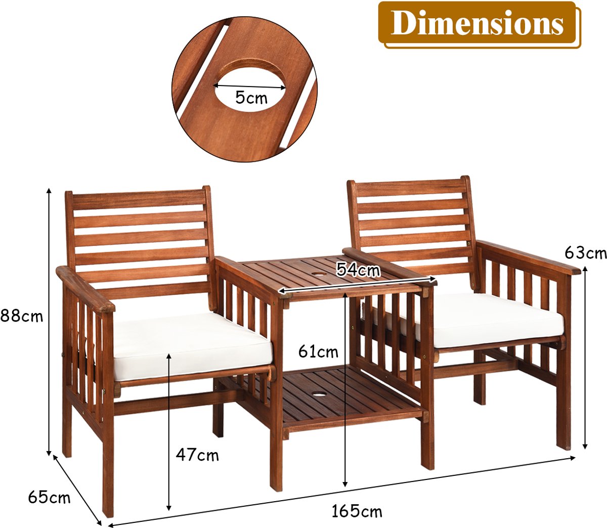 SureDeal® - Tuinset - Tuinbank Hout - Dubbele Zitting - Bijzettafel Houten Bank - Kussen - Parasolgat Acaciahout Kwaliteit - 165x65x88 cm - Wit