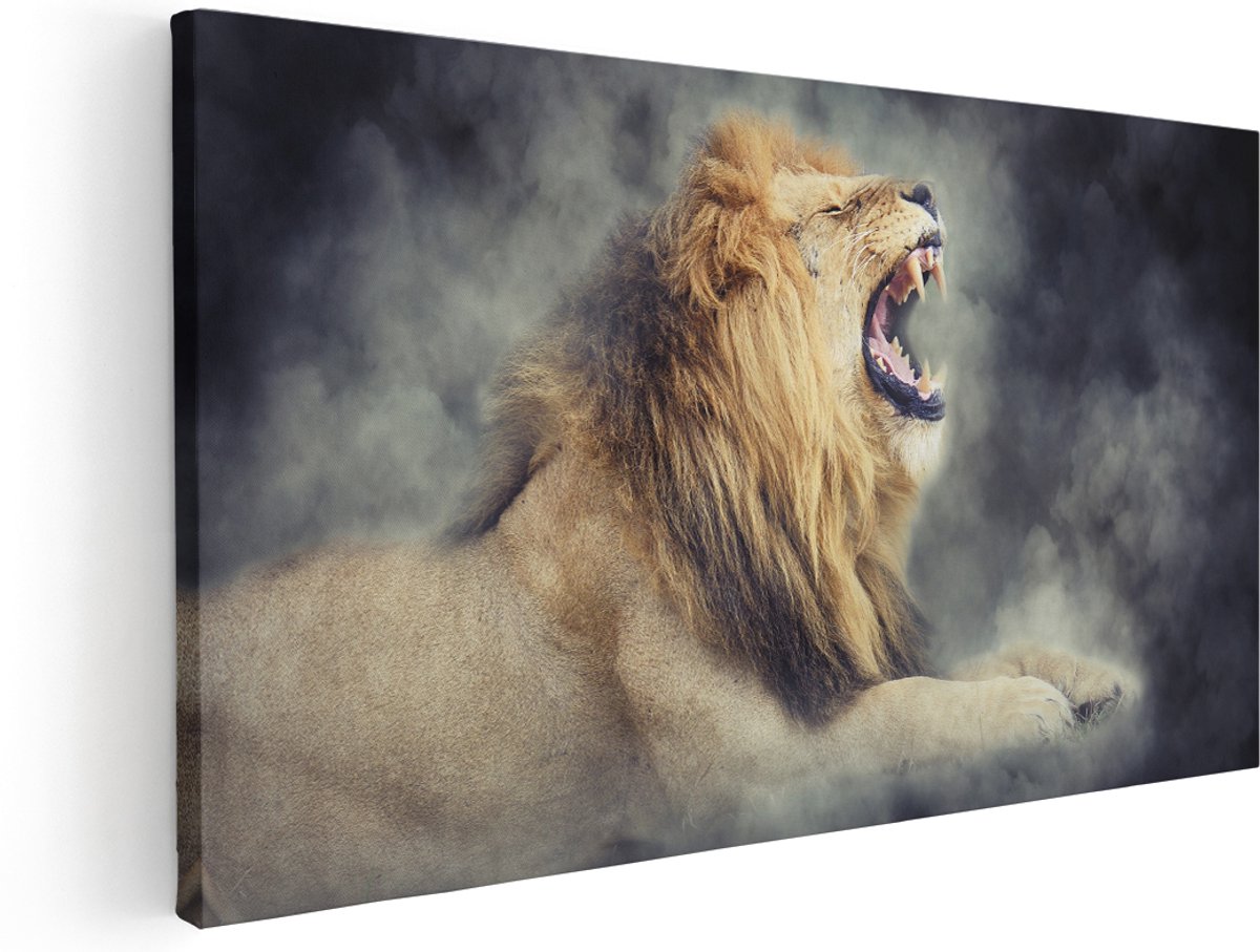Artaza Canvas Schilderij Brullende Leeuw - 180x90 cm - Groot - Wanddecoratie Woonkamer - Schilderijen - Muurdecoratie
