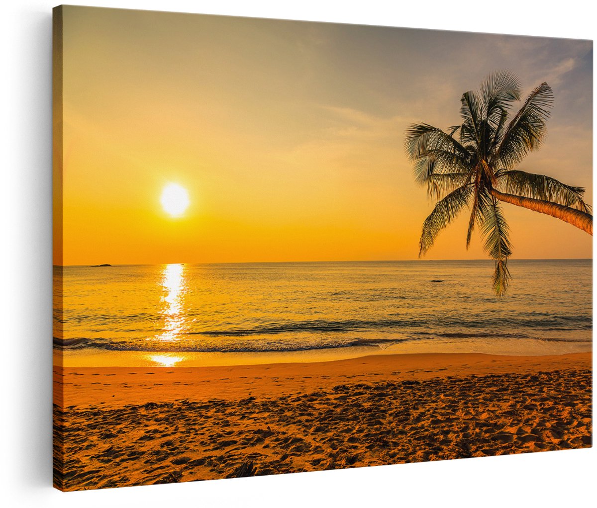 Artaza Canvas Schilderij Tropisch Strand Tijdens Zonsondergang - 180x120 cm - Groot - Wanddecoratie Woonkamer - Schilderijen - Muurdecoratie