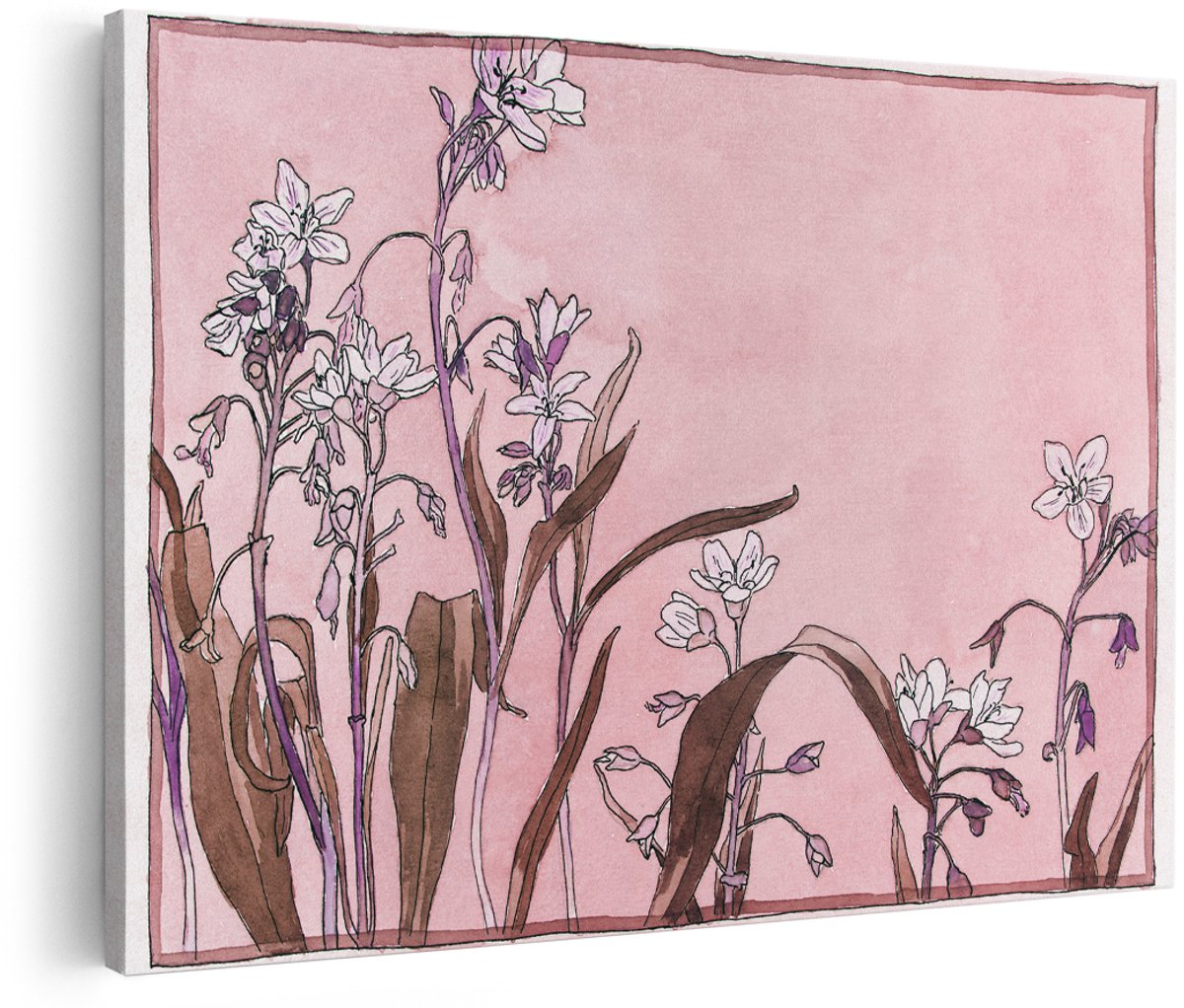 Artaza Canvas Schilderij Bloemen - 180x120 cm - Groot - Wanddecoratie Aquarel - Muurdecoratie Vintage - Decoratie Wilde Bloemen Roze