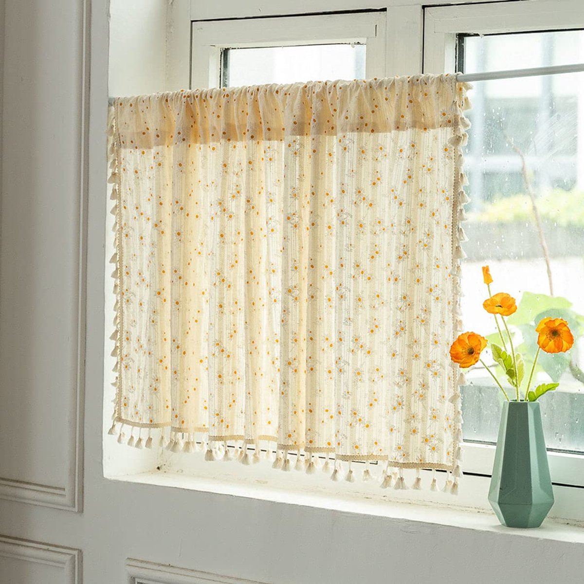 Gordijn - Kleine raamgordijnen - Boho Gordijn - Keukengordijn - Daisy Bloemengordijn - Katoenen Raamgordijn - Keuken Woonkamer Slaapkamer - 140 x 140 cm - Katoen - Beige