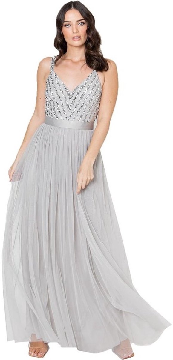 Elegante Mouwloze Maxi Jurk met Tule Rok en Pailletten Accent