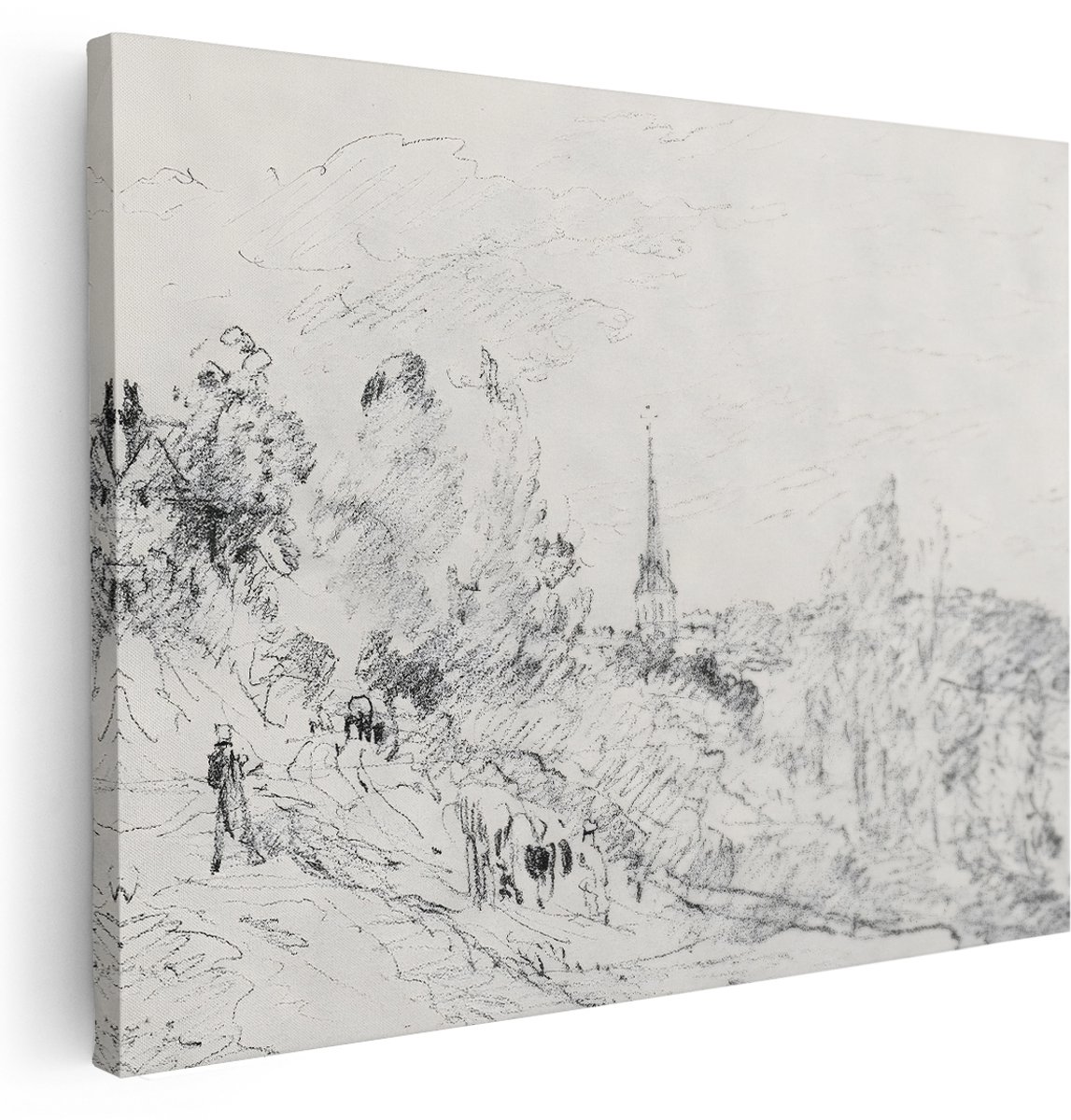 Artaza Canvas Schilderij Dorpsgezicht - 160x120 cm - Groot - Wanddecoratie Vintage Landschap - Muurdecoratie Kerktoren - Schilderijen Op Canvas Natuur