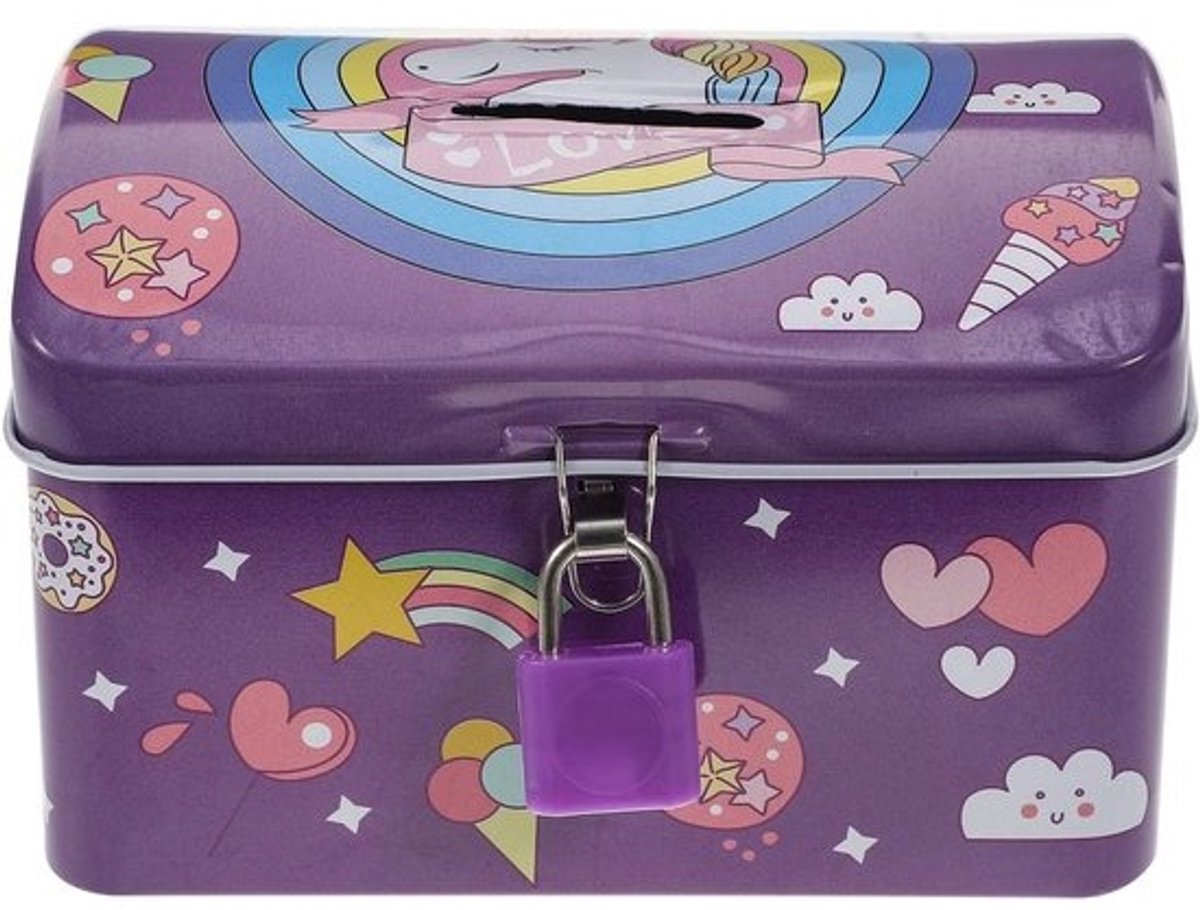 SnelShoppen - Unicorn Spaarpot Met Slot - Metalen Geldbox Voor Kinderen - Creatieve Piggy Bank - Paarse Spaarpot Voor Meisjes - Perfect Cadeau Voor Ve