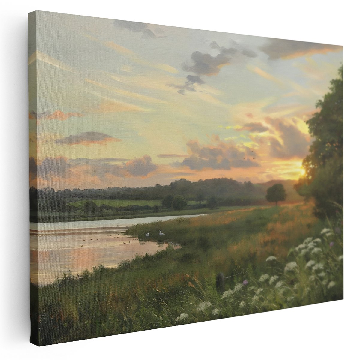 Artaza Canvas Schilderij Landschap - 160x120 cm - Groot - Wanddecoratie Zonsondergang - Muurdecoratie Zwanen Aan Meer - Decoratie Woonkamer